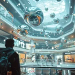 Persona con mochila de espaldas en la planta superior de un centro comercial, observando el atrio con esferas reflectantes colgadas y escaparates iluminados en varios niveles