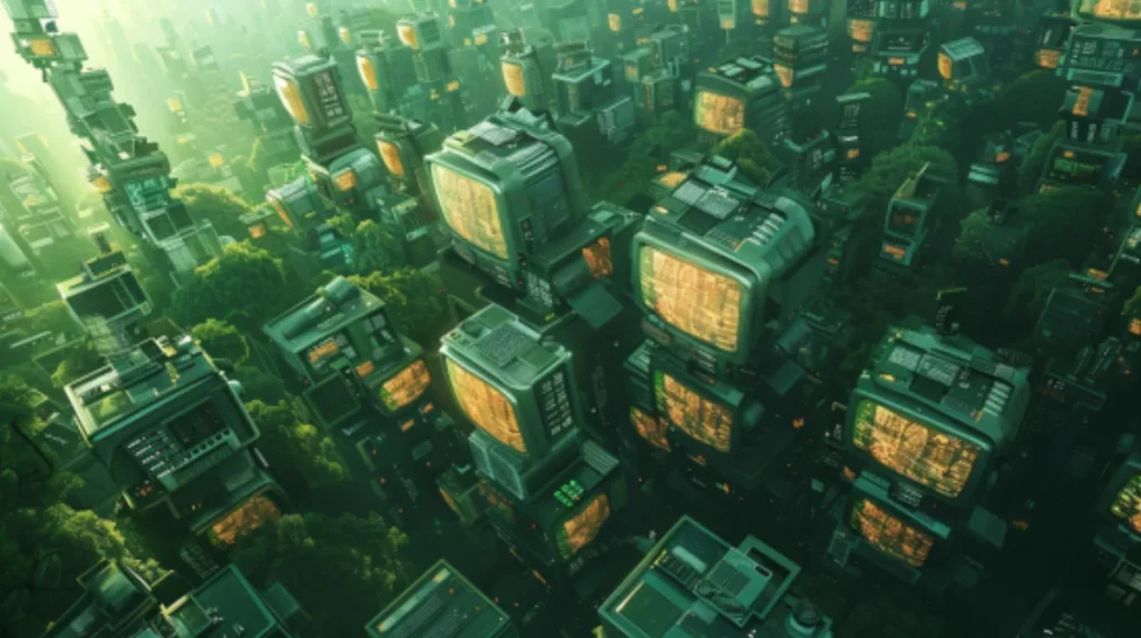 Ilustración futurista de edificios con pantallas de ordenador, historia de la informática
