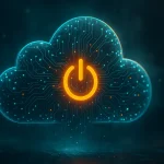 Nube de cristal con circuitos luminosos y un símbolo de encendido naranja en el centro