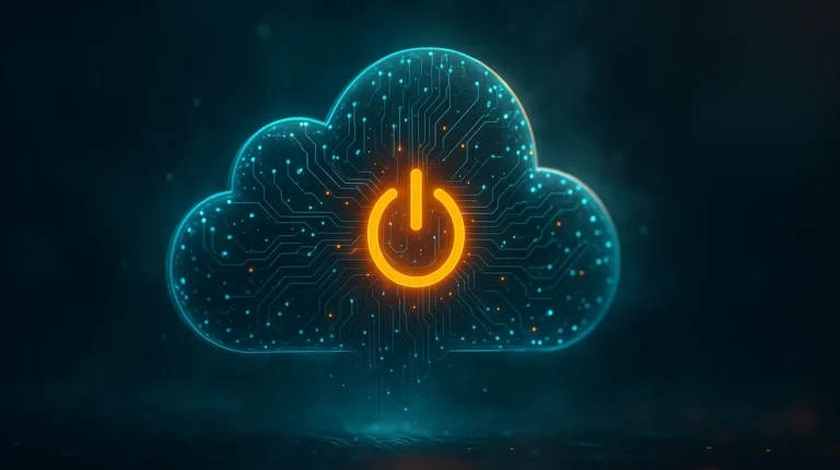 Nube de cristal con circuitos luminosos y un símbolo de encendido naranja en el centro