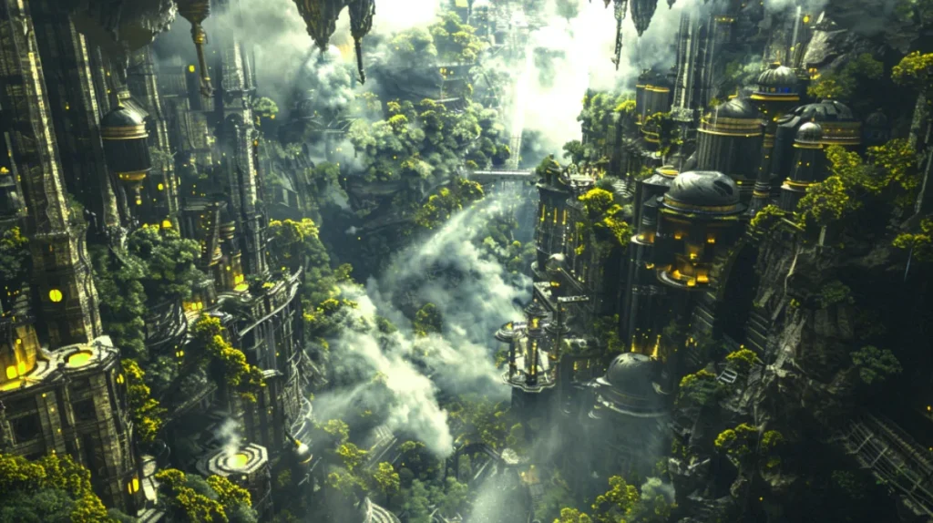 Ilustración de una ciudad futurista integrada con la naturaleza, sobre el ludismo y la tecnología