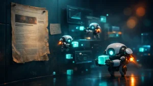 Pequeños robots luminosos moviendo cubos de datos entre ventanas de aplicaciones, en un archivo futurista de 2092