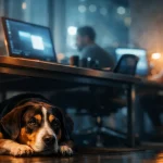 Un perro tumbado bajo una mesa de oficina mientras la gente trabaja alrededor, con luz cálida