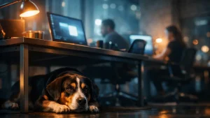Un perro tumbado bajo una mesa de oficina mientras la gente trabaja alrededor, con luz cálida
