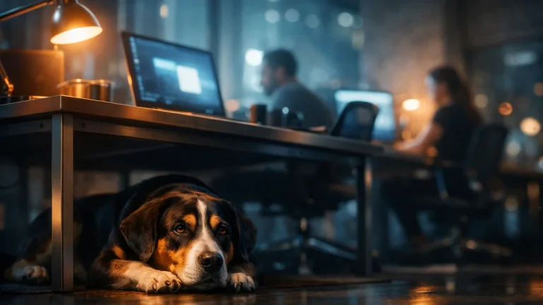 Un perro tumbado bajo una mesa de oficina mientras la gente trabaja alrededor, con luz cálida
