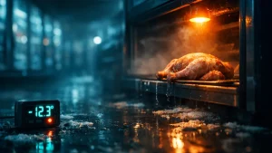 Pasillo de cámaras frigoríficas de un supermercado con la escarcha derritiéndose y un pollo en mal estado bajo una luz naranja de aviso